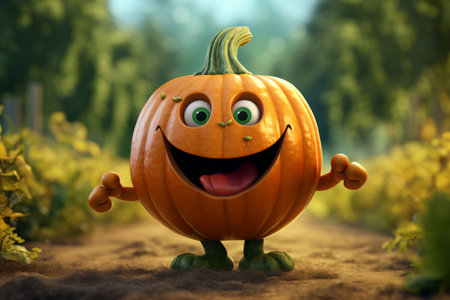 A cheerful, animated pumpkin walks through the garden with a smile on its face. Funny animated heroes of the garden.の素材