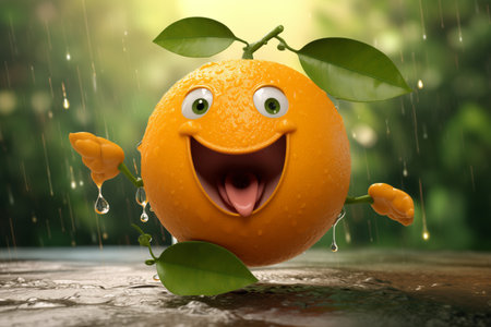 Cheerful animated orange tangerine with a smile on his face in the vegetable garden. Funny animated garden characters.の素材