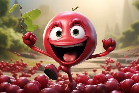 A cheerful animated red cranberry with a smile on her face walks among the berries. Funny animated garden characters.の素材