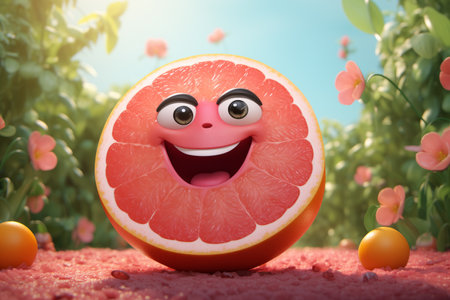 Cheerful animated pink grapefruit with a smile on its face in the vegetable garden. Funny animated garden characters.の素材