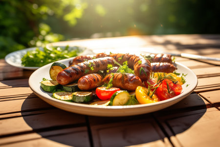 Bavarian sausages and grilled vegetables in a plate on the table. Outdoor dining.の素材