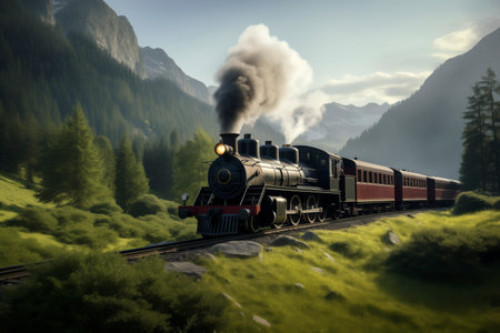 An old passenger locomotive with carriages and a lot of smoke passes through a picturesque mountainous area. Tourism concept.の素材