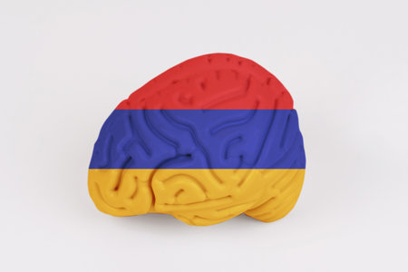 On a white background, a model of the brain with a picture of a flag - Armenia. Close-upの写真素材