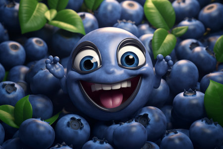Cheerful animated blueberry with a smile on his face among the berries. Funny animated garden characters.の素材