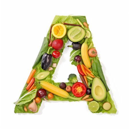Fruit and vegetable alphabet on a white background, Letter A.の素材