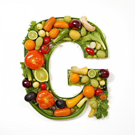 Fruit and vegetable alphabet on a white background, Letter G.の素材