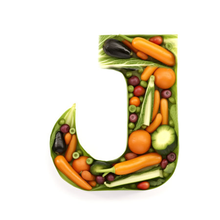 Fruit and vegetable alphabet on a white background, Letter J.の素材