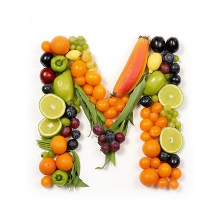 Fruit and vegetable alphabet on a white background, Letter M.の素材