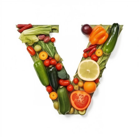 Fruit and vegetable alphabet on a white background, Letter V.の素材