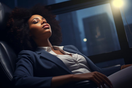 An African-American businesswoman rests in a chair at her workplace. Portrait of a businesswoman.の素材
