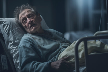 Portrait of an old lonely sick man lying on a bed in a hospital. Health and loneliness concept.の素材