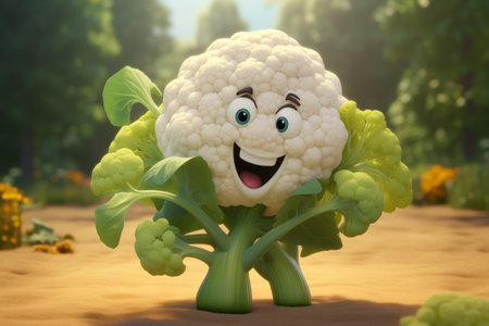 Cheerful animated cauliflower with a smile on its face in the vegetable garden. Funny animated garden characters.の素材
