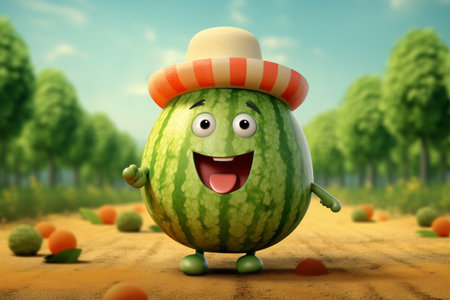 A cheerful animated watermelon with a smile on his face and a hat on his head. Funny animated garden characters.の素材
