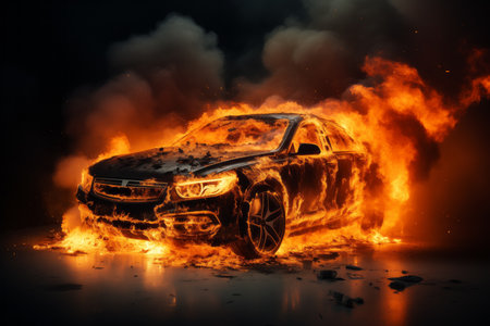 At night, a car is burning on the street with a bright flame and thick smoke is coming out. Close-up.の素材