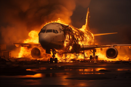Night tragedy at the airport. On the runway, a plane is burning with a bright flame and there is thick smoke.の素材