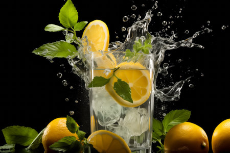 Ice cubes falling into a glass of lemonade with lemon slices and mint leaves, water splashing. Black backgroundの素材