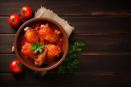 Fried chicken with vegetables in tomato sauce in a brown plate on a wooden table.の素材