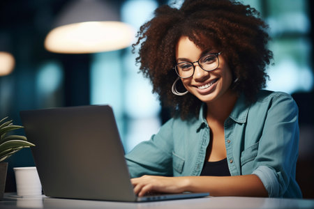 Portrait of a smiling African-American businesswoman working at a laptop. Portrait of a businesswoman.の素材