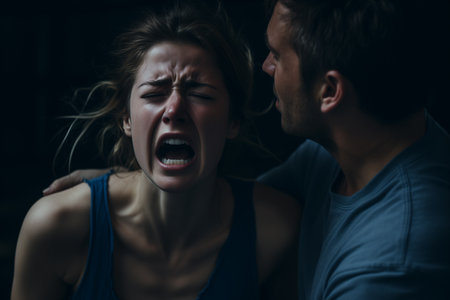 Depressed woman cries tears while her partner hugs her, comforts her. Emotional stress.の素材