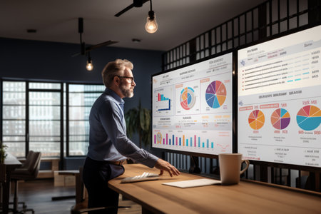 Businessman giving presentation report to business team in conference room, showing digital pie charts and graphs about company performance on screen.の素材