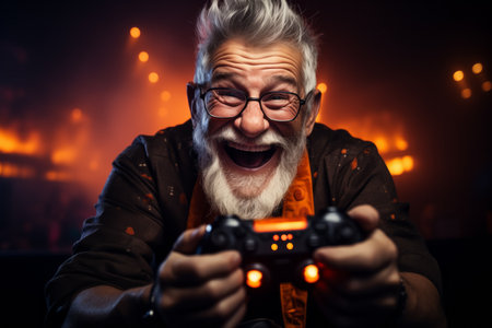 Happy perky elderly man holding a gamepad in his hands, playing video games. Elderly people.の素材