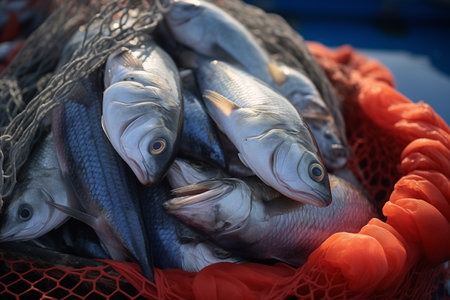 Fresh catch of sea fish in a fishing net. Close-up.の素材