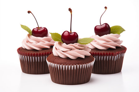 Cherry chocolate cupcakes on a white background. Close-up.の素材
