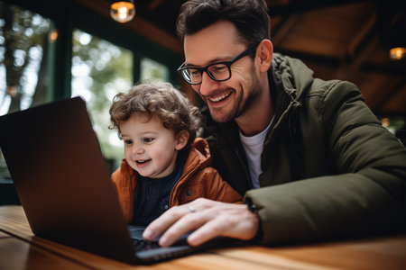 Happy dad and cute son laugh, watch funny cartoons on laptop, have fun together.の素材