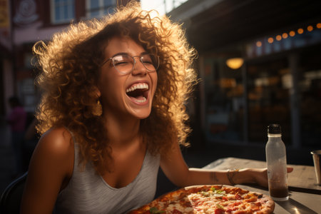 A joyful girl eats pizza in a street cafe, laughs cheerfully.の素材
