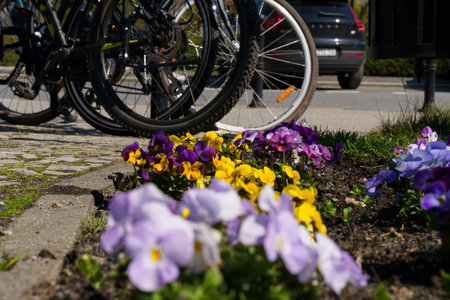 Purple and yellow pansy flowers in a flowerbed in the city. There are parked bicycles in the...