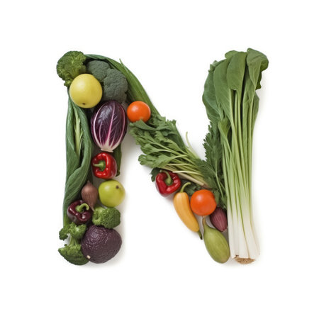 Fruit and vegetable alphabet on a white background, Letter N.の素材