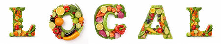On a white isolated background from the fruit and vegetable alphabet the inscription - LOCAL.の素材