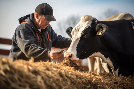 A farmer feeds a cow with vitamins. Livestock concept.の素材