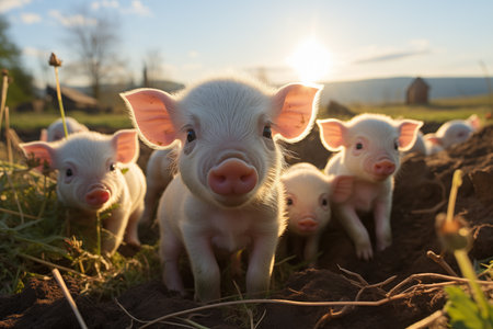 Surprised and curious young piglets look at the camera, close-up. Raising Porkの素材