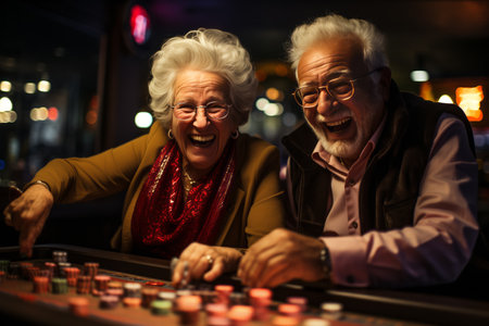 Happy elderly couple bet with chips while playing in a casino. Close-up, portrait.の素材
