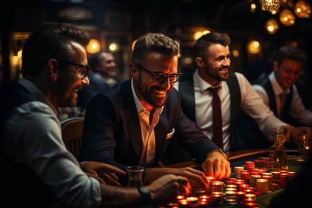 Two businessman friends play in a casino, smile, rejoice. Relaxation and excitement.の素材