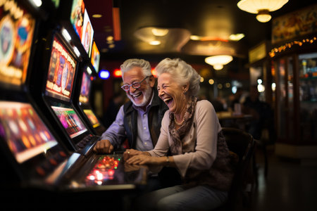 Gambling elderly couple rejoices after winning in casino slot machines. Relaxation and excitement.の素材