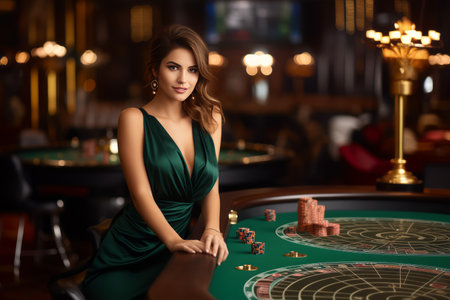 A beautiful sexy woman in a green dress stands near a gaming table in a casino. Luck concept.の素材