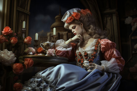Portrait of an aristocratic woman in an elegant 18th century dress sitting at a table. Portrait of a woman from the 18th century.の素材