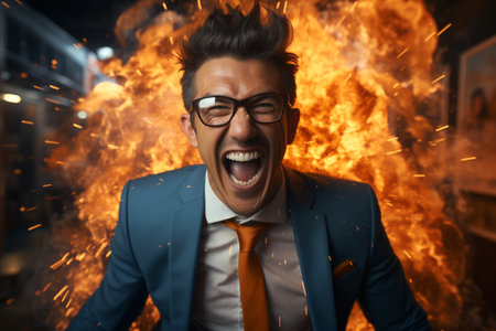 Explosive breakthrough business idea. An explosive fiery idea behind the back of a successful businessman.の素材