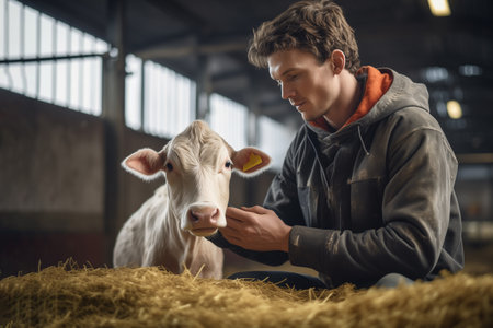 A young male farmer and a white calf in a barn, in the rays of light. Livestock concept.の素材