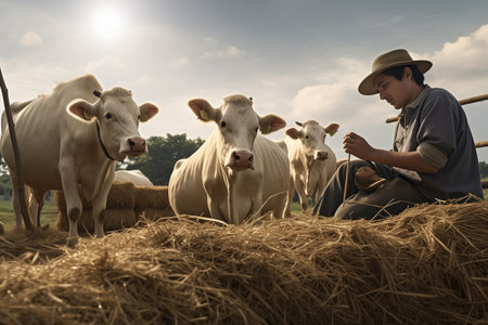 A farmer sits on straw and white cows stand nearby. Livestock concept.の素材