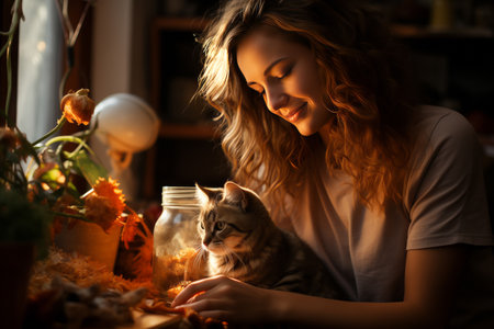 A beautiful young woman is reading a book, a cat is next sitting to her. Portrait of a woman with a cat.の素材