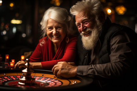 Happy elderly couple making a bet while playing roulette in a casino. Close-up, portrait.の素材