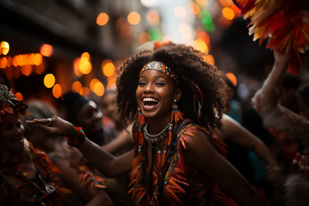Portrait of a beautiful Brazilian woman dancing samba at the carnival in Rio de Janeiro. Holiday and fun concept.の素材