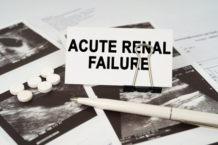 Medical concept. On the ultrasound pictures there is a pen and a business card with the inscription - Acute renal failureの写真素材