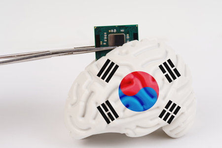 On a white background, a model of the brain with a picture of a flag - Korea, a microcircuit, a...