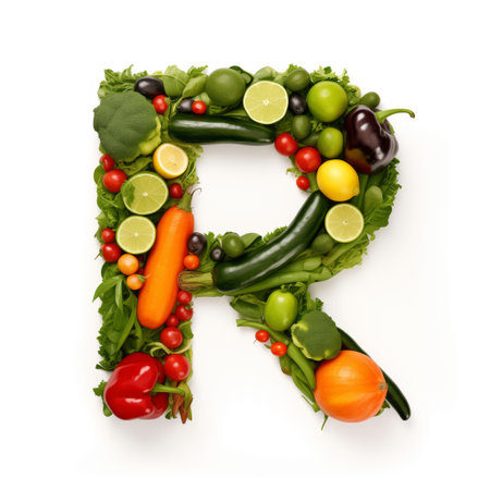 Fruit and vegetable alphabet on a white background, Letter R.の素材