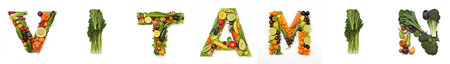 On a white isolated background from the fruit and vegetable alphabet the inscription - vitamin.の素材