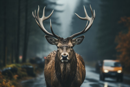 A deer stands on the road near the forest in the fog, cars are driving along the road. Road safety.の素材